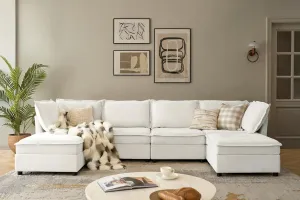 HULALA HOME 127'' Modular Sectional Sofa, Oversized U Shaped Couch with Storage Ottoman, Extra Deep Seat, Modern Comfy Chenille Sofa with Chaise, 6 Seat Convertible Couches for Living Room, Ivory