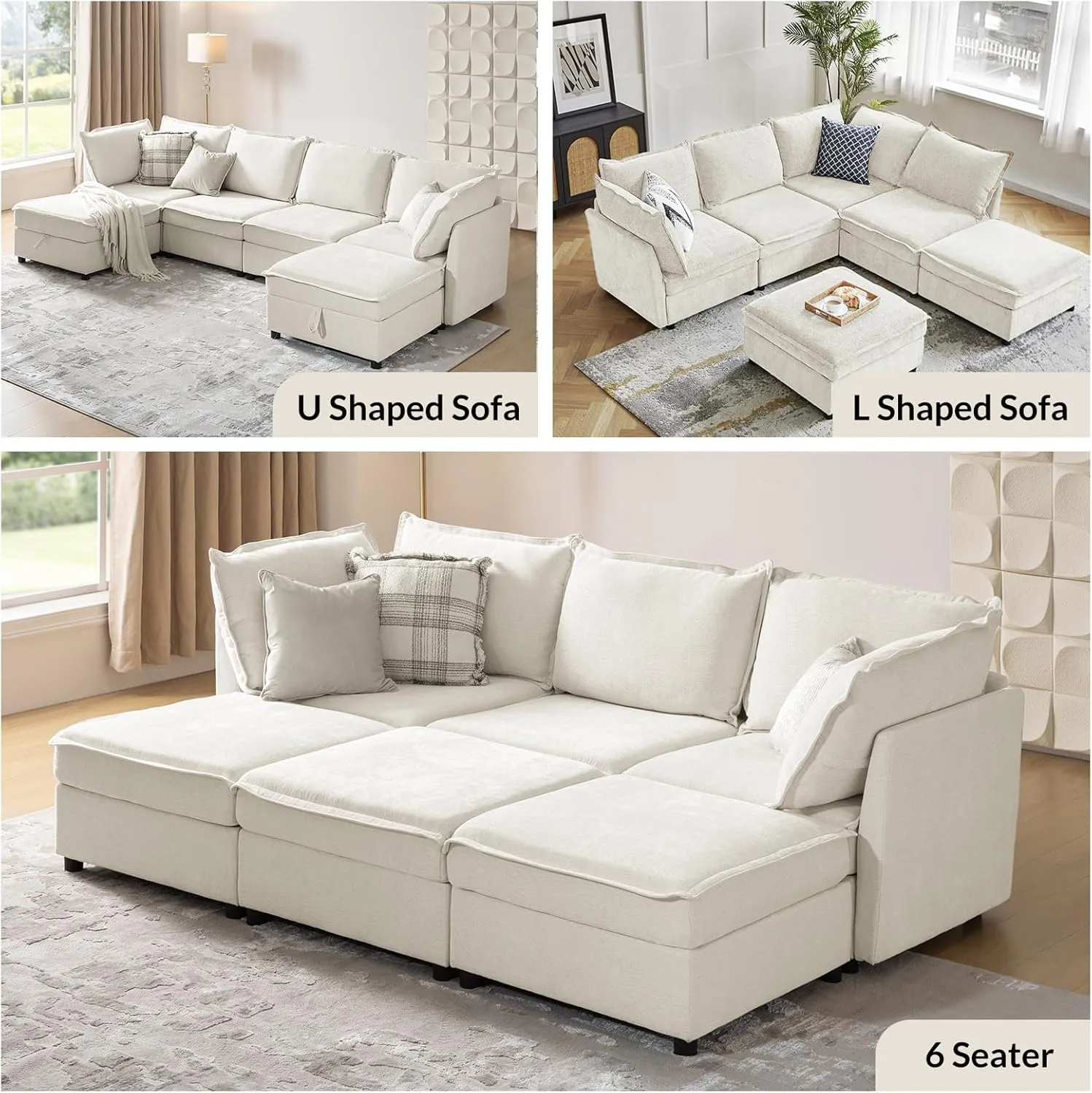 HULALA HOME 127'' Modular Sectional Sofa, Oversized U Shaped Couch with Storage Ottoman, Extra Deep Seat, Modern Comfy Chenille Sofa with Chaise, 6 Seat Convertible Couches for Living Room, Ivory