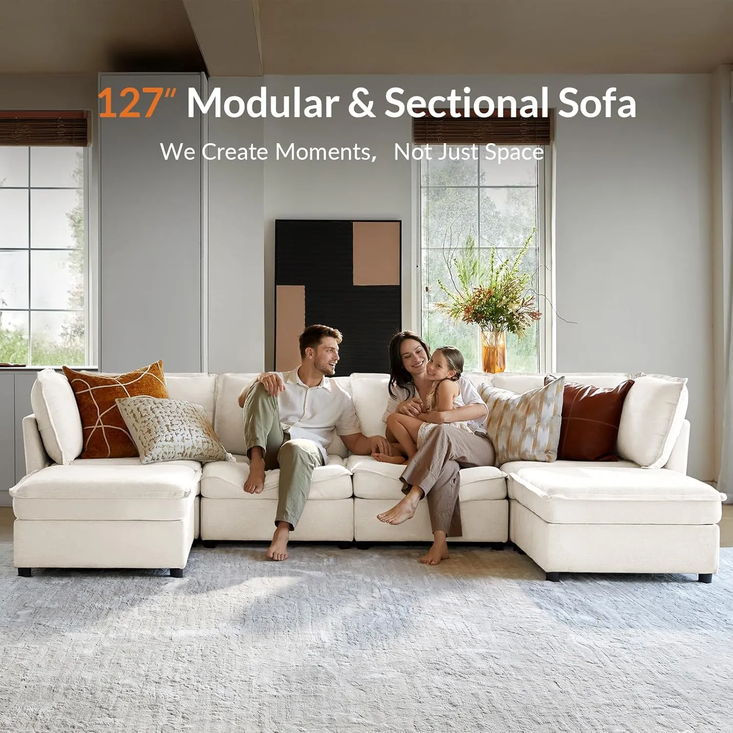 HULALA HOME 127'' Modular Sectional Sofa, Oversized U Shaped Couch with Storage Ottoman, Extra Deep Seat, Modern Comfy Chenille Sofa with Chaise, 6 Seat Convertible Couches for Living Room, Ivory