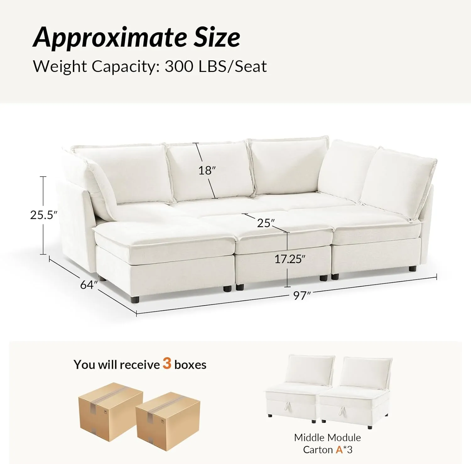 HULALA HOME 127'' Modular Sectional Sofa, Oversized U Shaped Couch with Storage Ottoman, Extra Deep Seat, Modern Comfy Chenille Sofa with Chaise, 6 Seat Convertible Couches for Living Room, Ivory