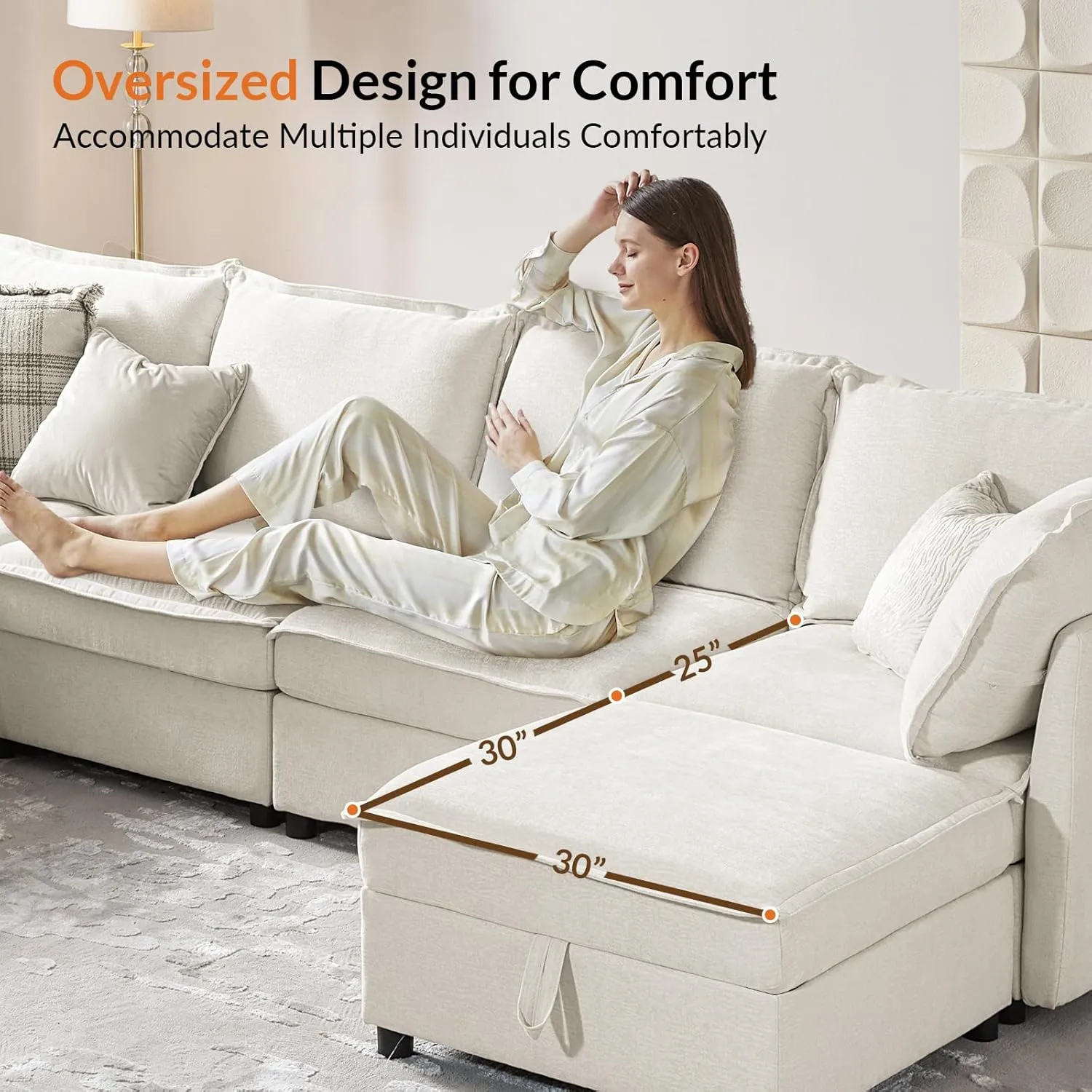 HULALA HOME 127'' Modular Sectional Sofa, Oversized U Shaped Couch with Storage Ottoman, Extra Deep Seat, Modern Comfy Chenille Sofa with Chaise, 6 Seat Convertible Couches for Living Room, Ivory
