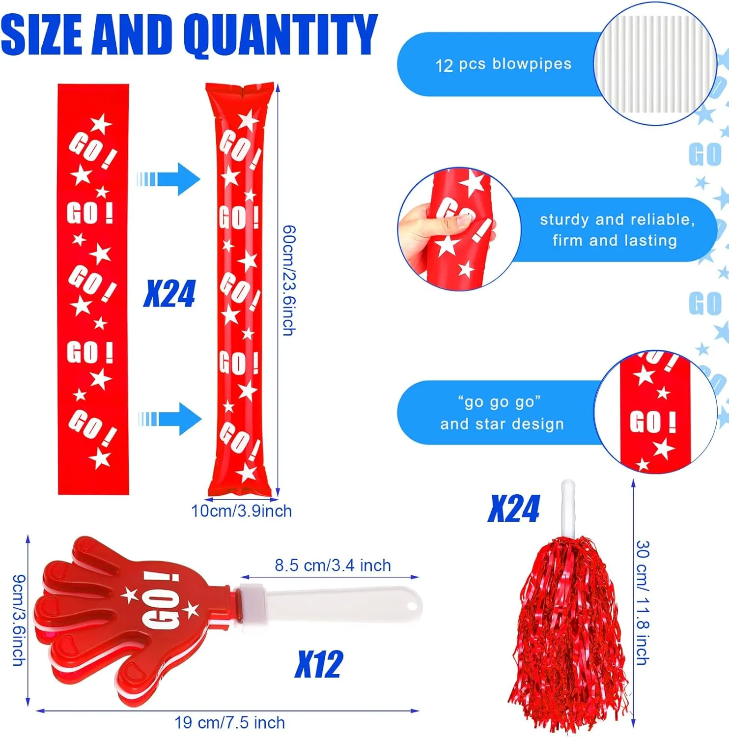 Hungdao 60 Pcs Noise Makers Party Favors Include 24 Pcs Thunder Sticks Cheer Sticks 12 Hand Clapper 24 Cheerleading Pom Poms for Sporting Events Football Spirit Accessories