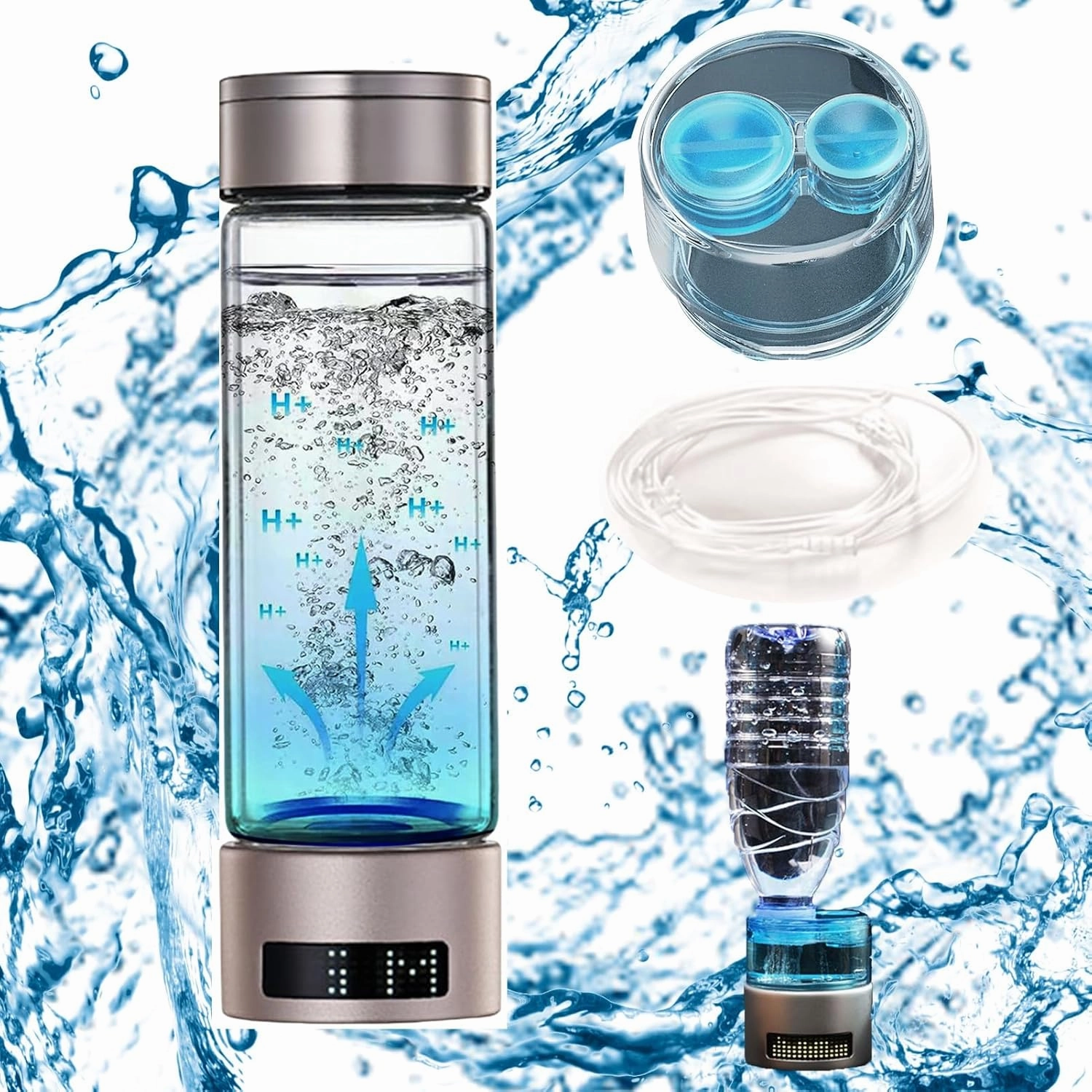 Hydrogen Water Bottle, Hydrogenated Water Machine, Rechargeable Portable Hydrogen Water Generator Generator, with Hydrogen Absorption Tube Home Office Travel Golden