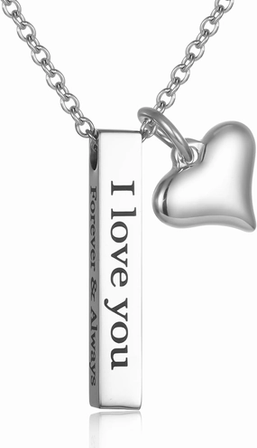 I Love You Forever & Always Bar Urn Necklace For Ashes For Women Girls Stainless Steel Cremation Jewelry To Hold Ashes Of Loved Ones With Heart Charm