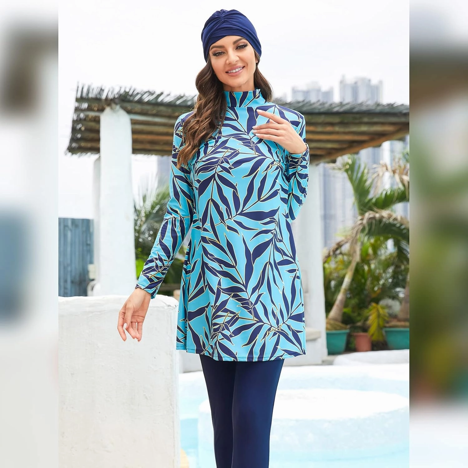 IBAKOM Modest Swimsuit for Women Islamic Long Sleeve Bathing Suit Full Body Muslin Burkini Rash Guard Set with Swim Hijab