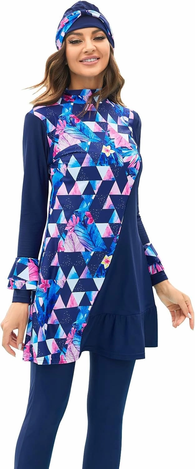 IBAKOM Modest Swimsuit for Women Islamic Long Sleeve Bathing Suit Full Body Muslin Burkini Rash Guard Set with Swim Hijab