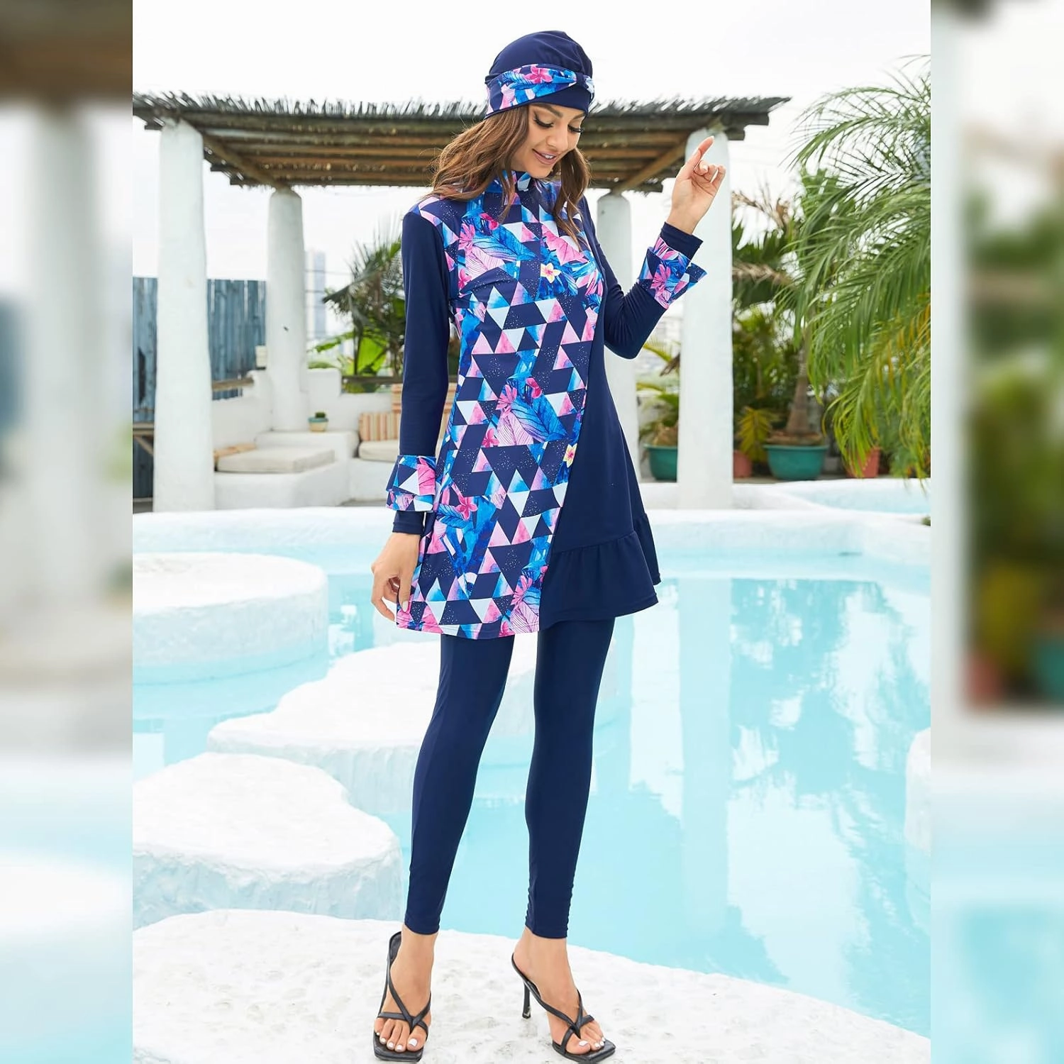 IBAKOM Modest Swimsuit for Women Islamic Long Sleeve Bathing Suit Full Body Muslin Burkini Rash Guard Set with Swim Hijab