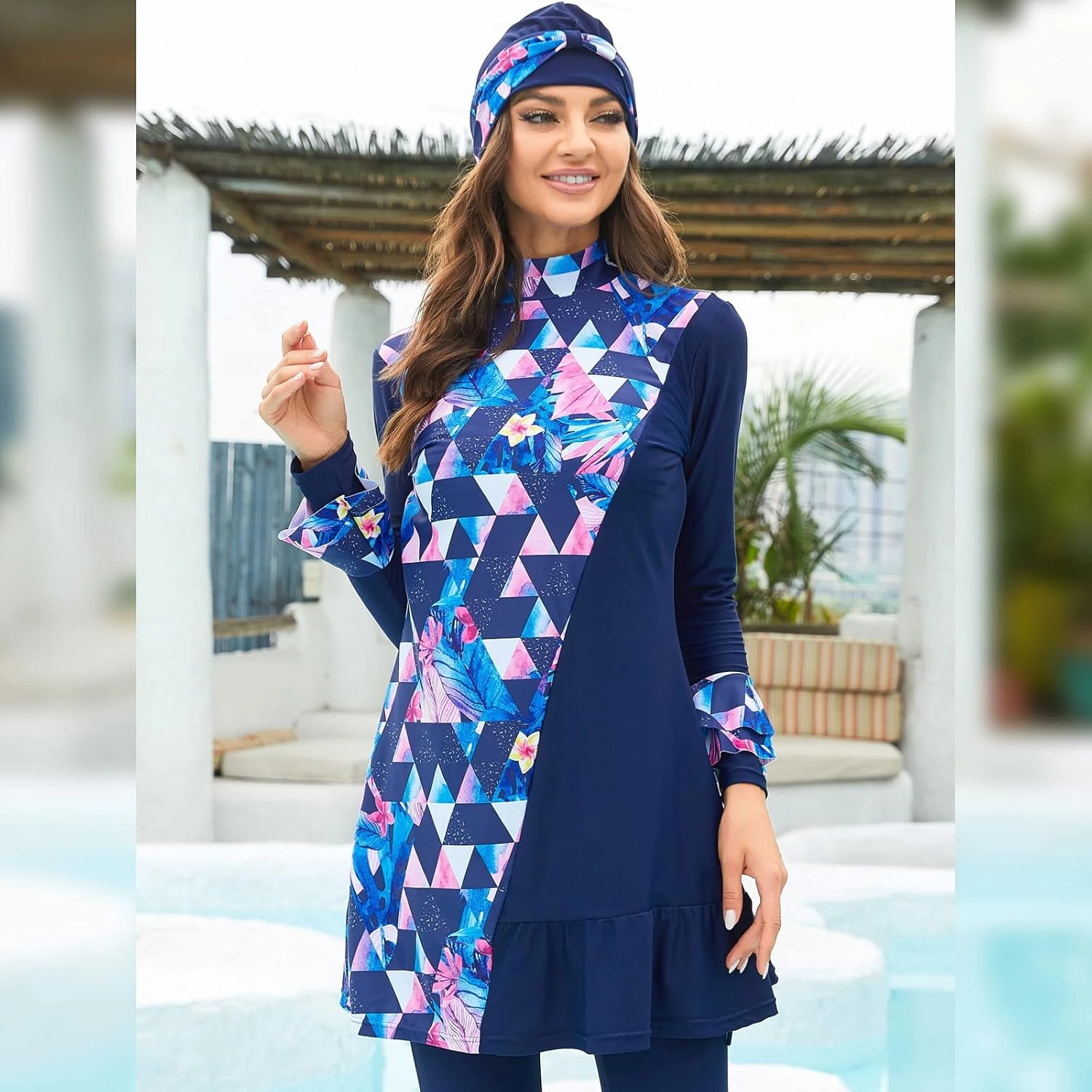IBAKOM Modest Swimsuit for Women Islamic Long Sleeve Bathing Suit Full Body Muslin Burkini Rash Guard Set with Swim Hijab