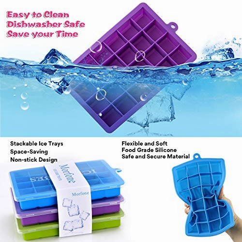 Ice Cube Trays 3 Pack, Morfone Silicone Ice Tray with Removable Lid Easy-Release Flexible Ice Cube Molds 24 Cubes per Tray for Cocktail, Whiskey, Baby Food, Chocolate, BPA Free