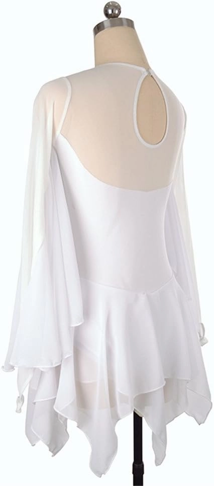 Ice Figure Skating Dress for Girls Ladies Long-Sleeved Beaded Roller Skating Skirt White Dress Wings Style