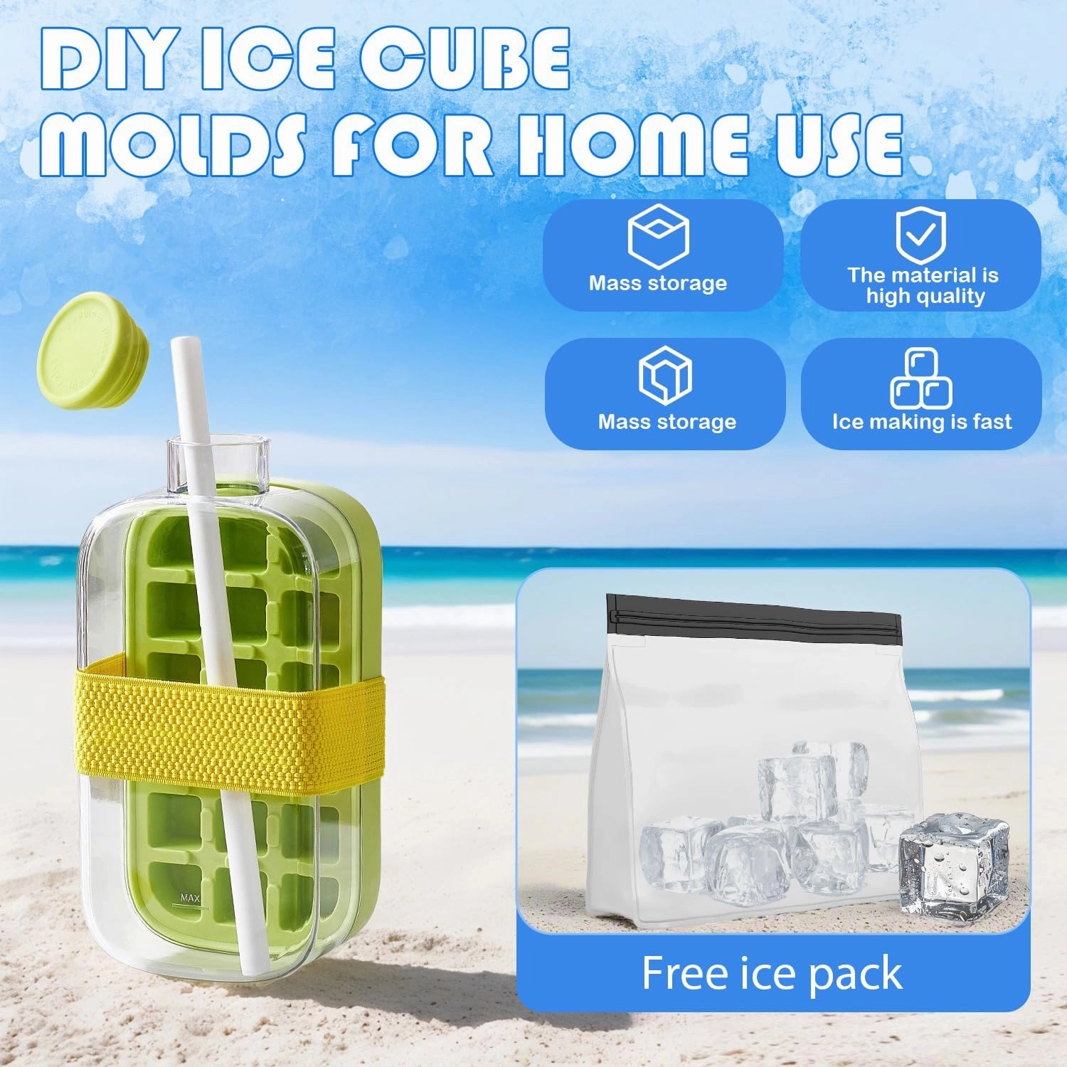 Ice Tray, Zero-Contact Water Injection and Pressing ice Tray, Home DIY ice Cube Mold, Creative Kettle, Handy Cup, Large Capacity ice Storage, Easy demoulding White