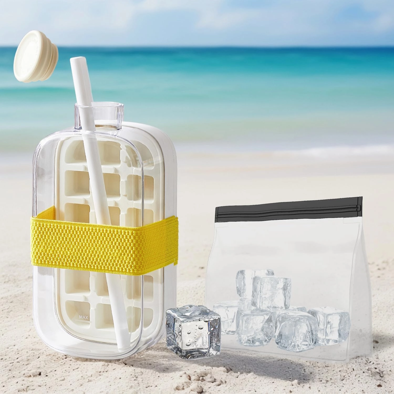 Ice Tray, Zero-Contact Water Injection and Pressing ice Tray, Home DIY ice Cube Mold, Creative Kettle, Handy Cup, Large Capacity ice Storage, Easy demoulding White