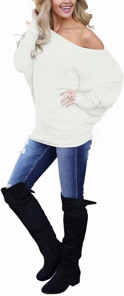 INFITTY Women's Off Shoulder Tops Casual Loose Batwing Sleeve Shirts Tunic Knit Oversized Pullover Sweater