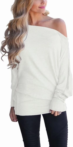INFITTY Women's Off Shoulder Tops Casual Loose Batwing Sleeve Shirts Tunic Knit Oversized Pullover Sweater