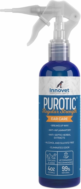 Innovet PurOtic Ear Cleaner for Dogs & Cats with Silicone Applicator Made With Essential Oils - 100% Made In USA - Regular Strength 4 oz Bottle