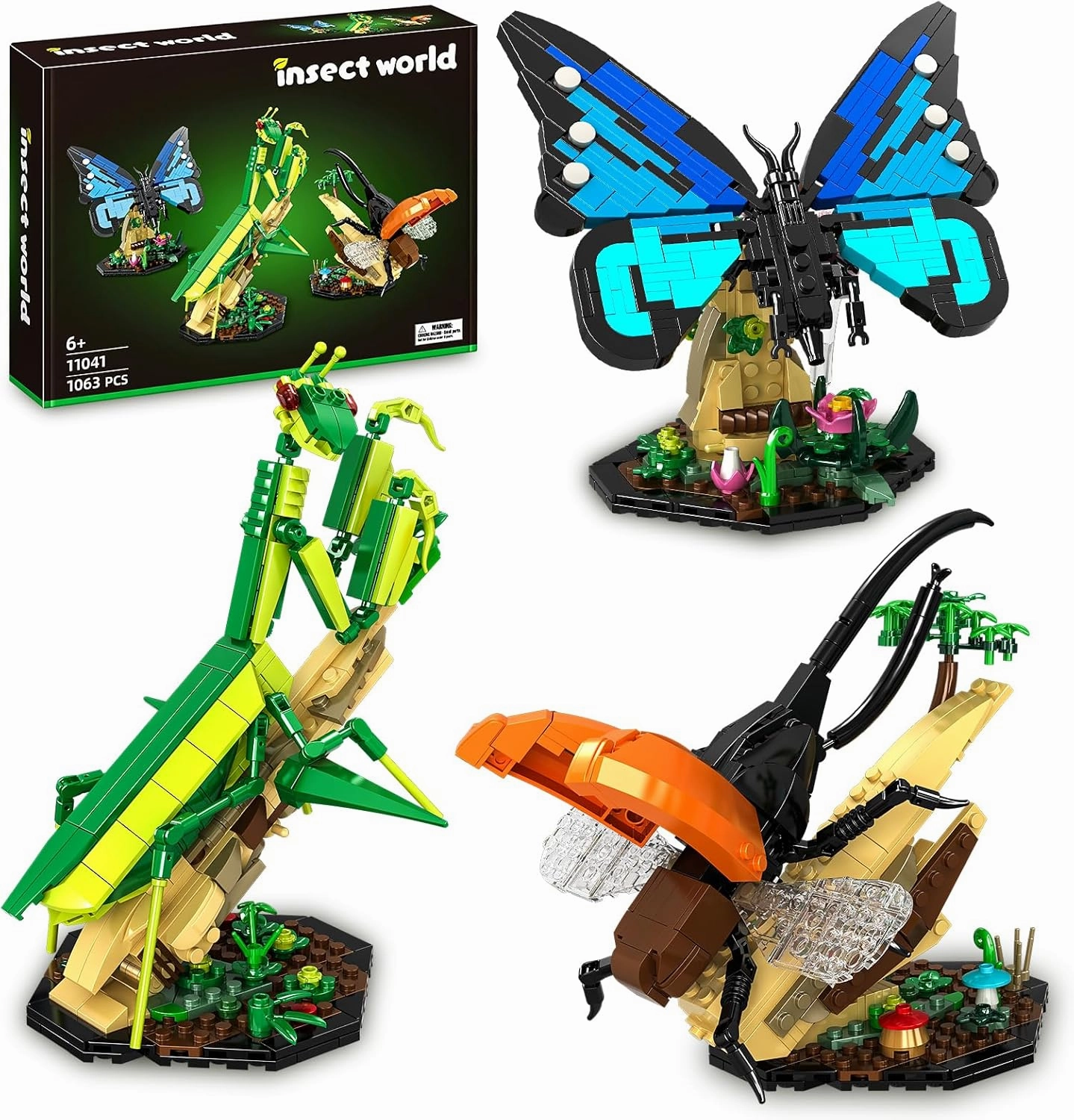 Insect Collection Building Toy Set, with Life-Size Blue Butterfly, Mantis and Beetle Display Models, Fun Gift for Nature Lovers, Bug Building Office Home Decorative, Gifts Ideal for Adults Kid 6 
