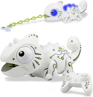 Interactive Remote Control Chameleon Simulation Toy for Kids - 2.4GHz RC Reptile with 5 Sound Effects, 12 Color Lights, Extending Tongue & Wagging Tail, Children Aged 3-12 Discovery Toys (White)