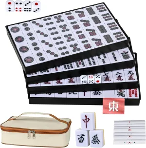 Japanese Riichi Mahjong Set, White and Yellow, 1.18"(30mm) Size Tiles - with East Wind Tile, Set of Scoring Sticks, and Dices, Portable Travel Handbag, Mahjong Table Cover.