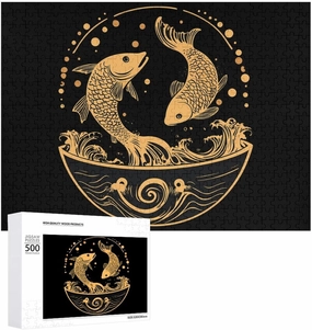Japanese Fish Wave Yin and Yang Funy Jigsaw Puzzles Wooden Intellectual Puzzles Adults Brain-Teasing Game for Idea Gift