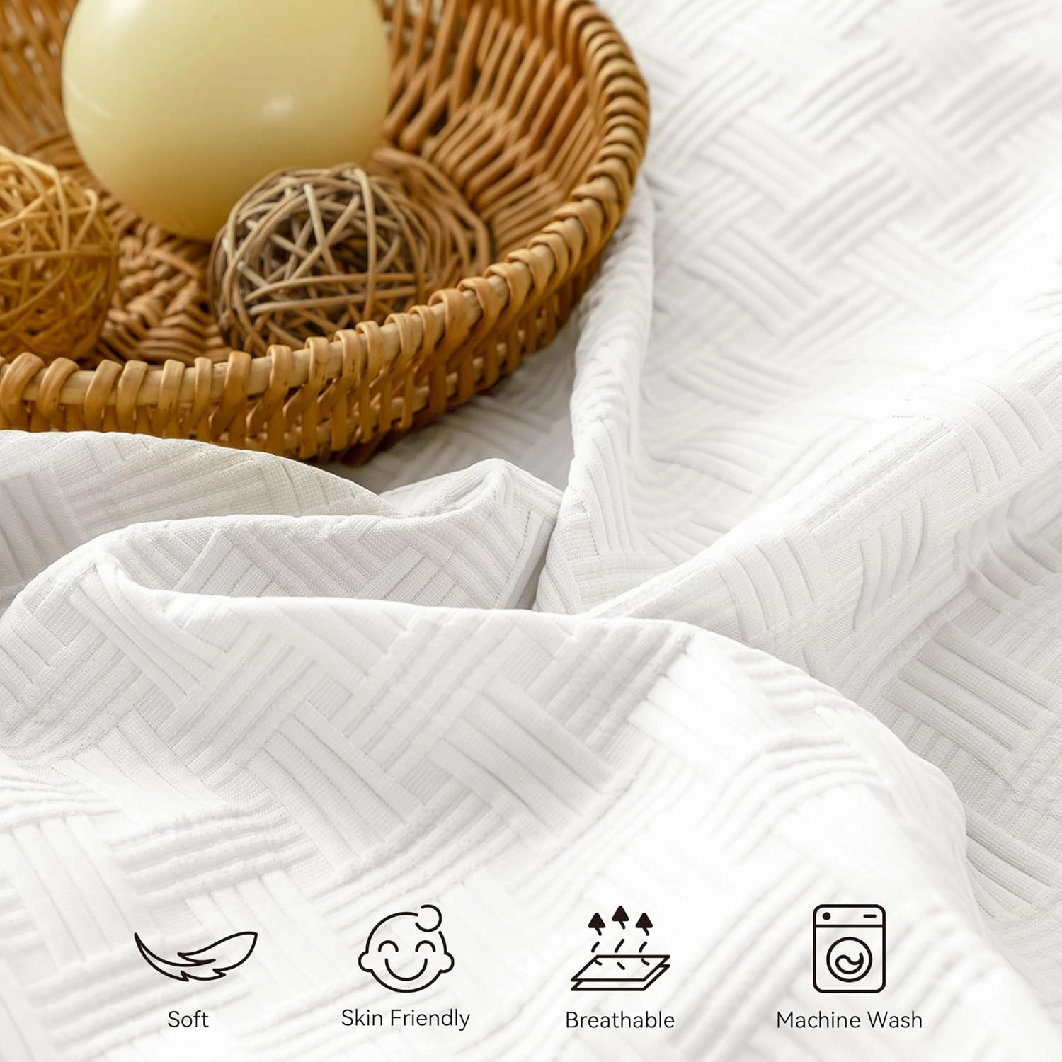 JELLYMONI Duvet Cover Twin Size Waffle Weave Duvet Cover Set Bright White 3PCS Soft Microfiber Tufted Textured Breathable Knitted Jacquard Striped Comforter Cover with Corner Ties & Zipper Closure