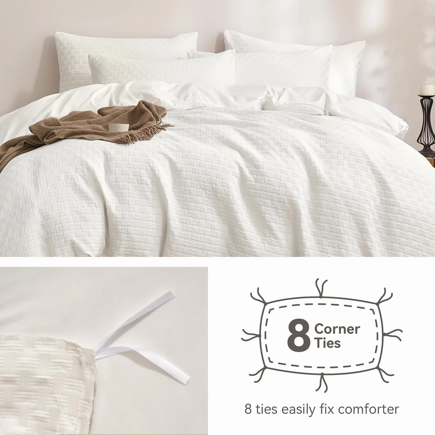 JELLYMONI Duvet Cover Twin Size Waffle Weave Duvet Cover Set Bright White 3PCS Soft Microfiber Tufted Textured Breathable Knitted Jacquard Striped Comforter Cover with Corner Ties & Zipper Closure