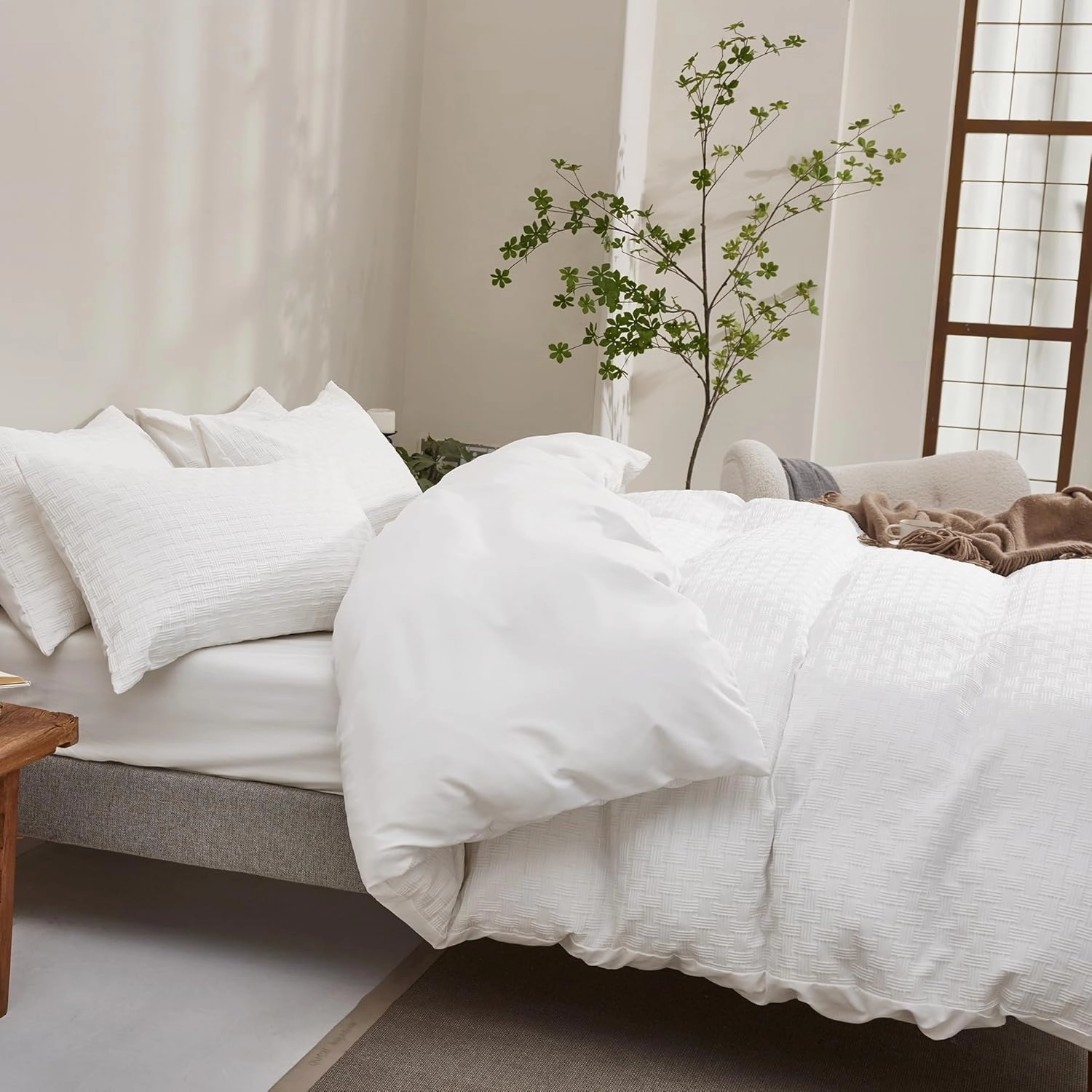 JELLYMONI Duvet Cover Twin Size Waffle Weave Duvet Cover Set Bright White 3PCS Soft Microfiber Tufted Textured Breathable Knitted Jacquard Striped Comforter Cover with Corner Ties & Zipper Closure
