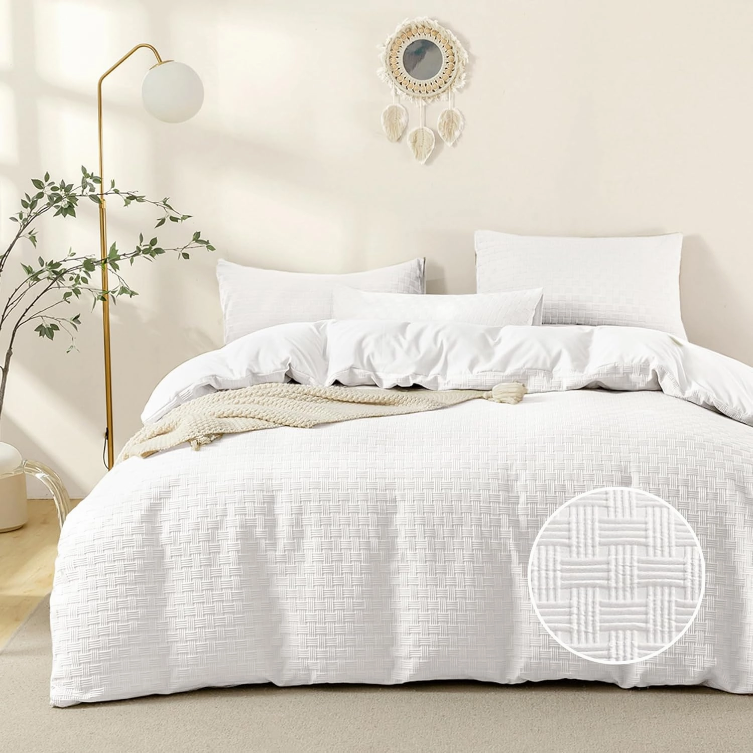 JELLYMONI Duvet Cover Twin Size Waffle Weave Duvet Cover Set Bright White 3PCS Soft Microfiber Tufted Textured Breathable Knitted Jacquard Striped Comforter Cover with Corner Ties & Zipper Closure
