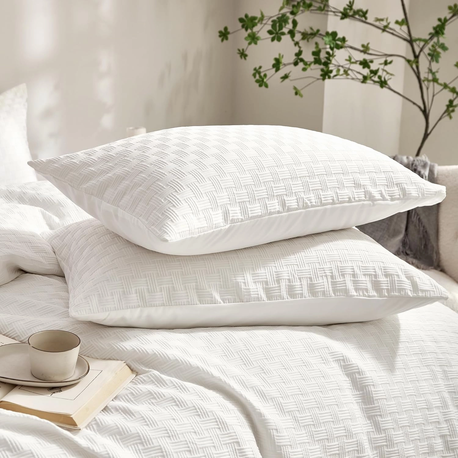 JELLYMONI Duvet Cover Twin Size Waffle Weave Duvet Cover Set Bright White 3PCS Soft Microfiber Tufted Textured Breathable Knitted Jacquard Striped Comforter Cover with Corner Ties & Zipper Closure