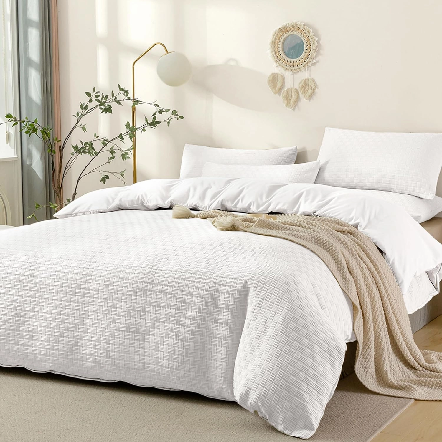 JELLYMONI Duvet Cover Twin Size Waffle Weave Duvet Cover Set Bright White 3PCS Soft Microfiber Tufted Textured Breathable Knitted Jacquard Striped Comforter Cover with Corner Ties & Zipper Closure