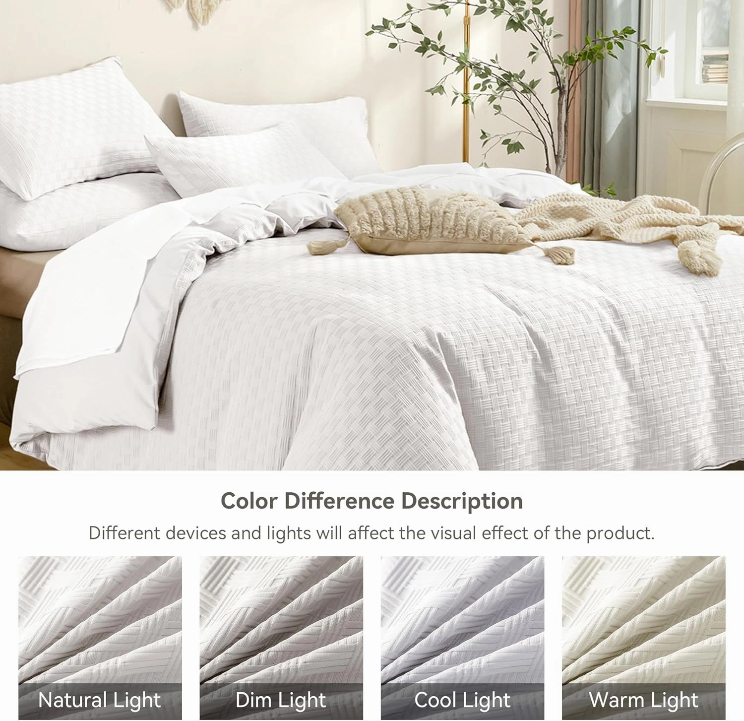 JELLYMONI Duvet Cover Twin Size Waffle Weave Duvet Cover Set Bright White 3PCS Soft Microfiber Tufted Textured Breathable Knitted Jacquard Striped Comforter Cover with Corner Ties & Zipper Closure