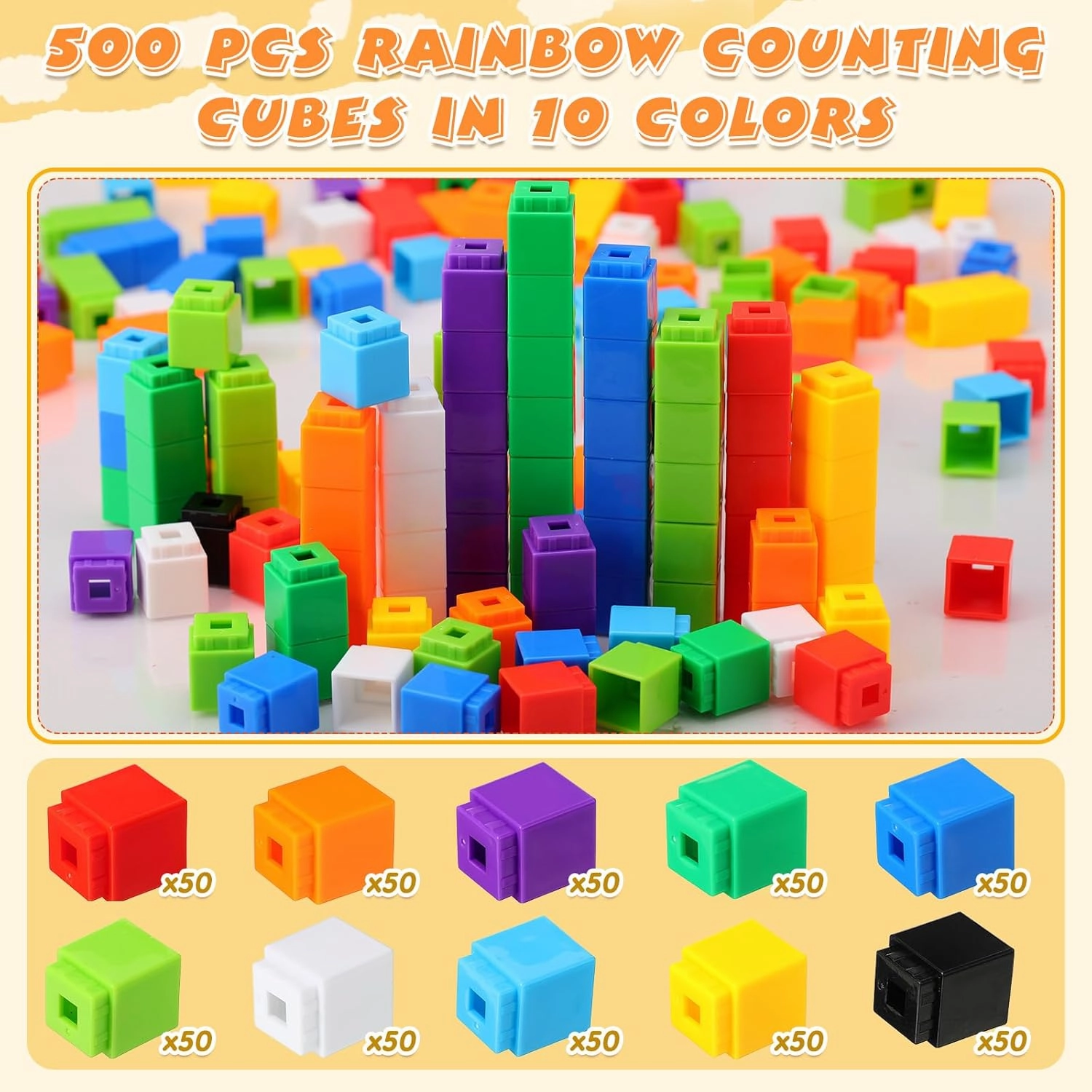 Jenaai 500 Pcs Math Learning Linking Cube with Storage Container Counting Cubes, Colorful Plastic Counting Blocks, Manipulatives Classroom Learning Supplies for Educational(Yellow)