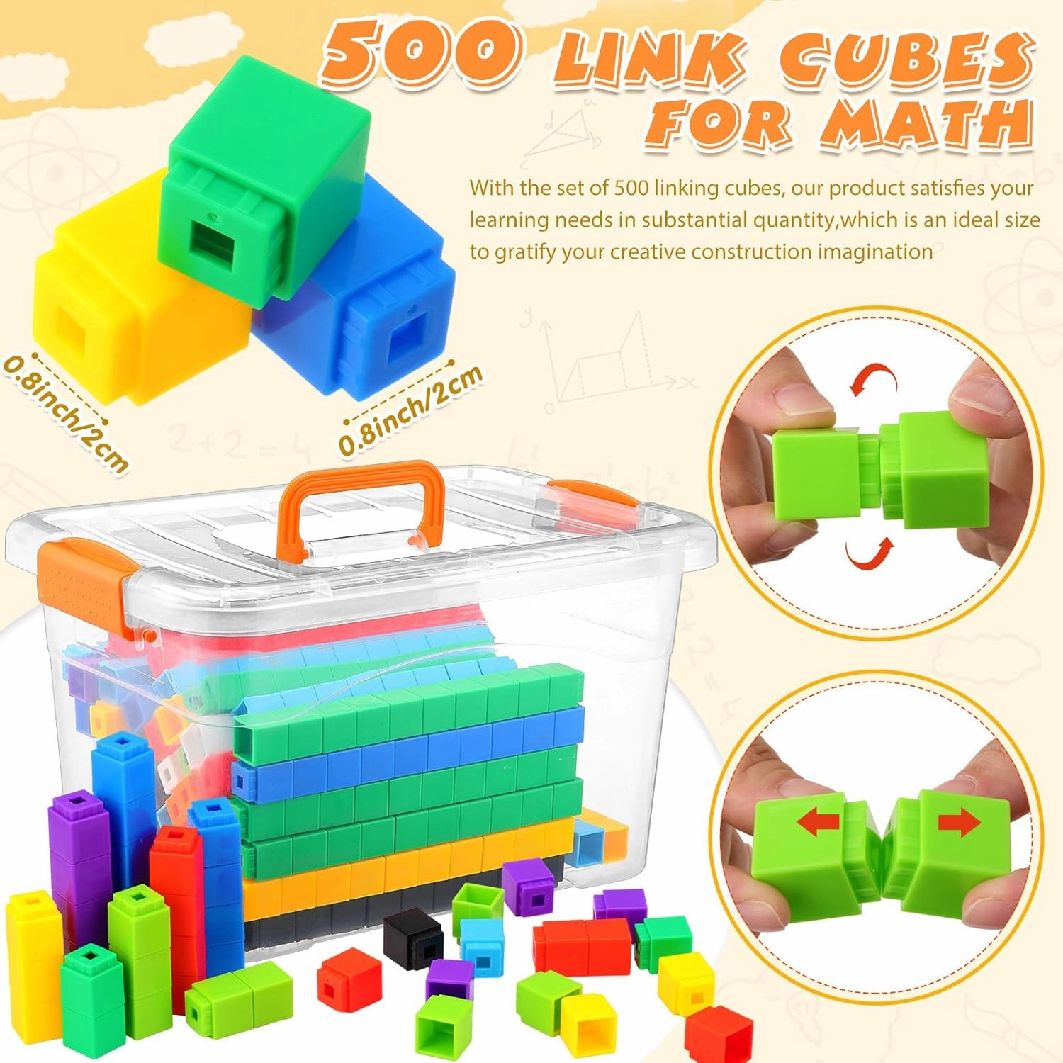 Jenaai 500 Pcs Math Learning Linking Cube with Storage Container Counting Cubes, Colorful Plastic Counting Blocks, Manipulatives Classroom Learning Supplies for Educational(Yellow)
