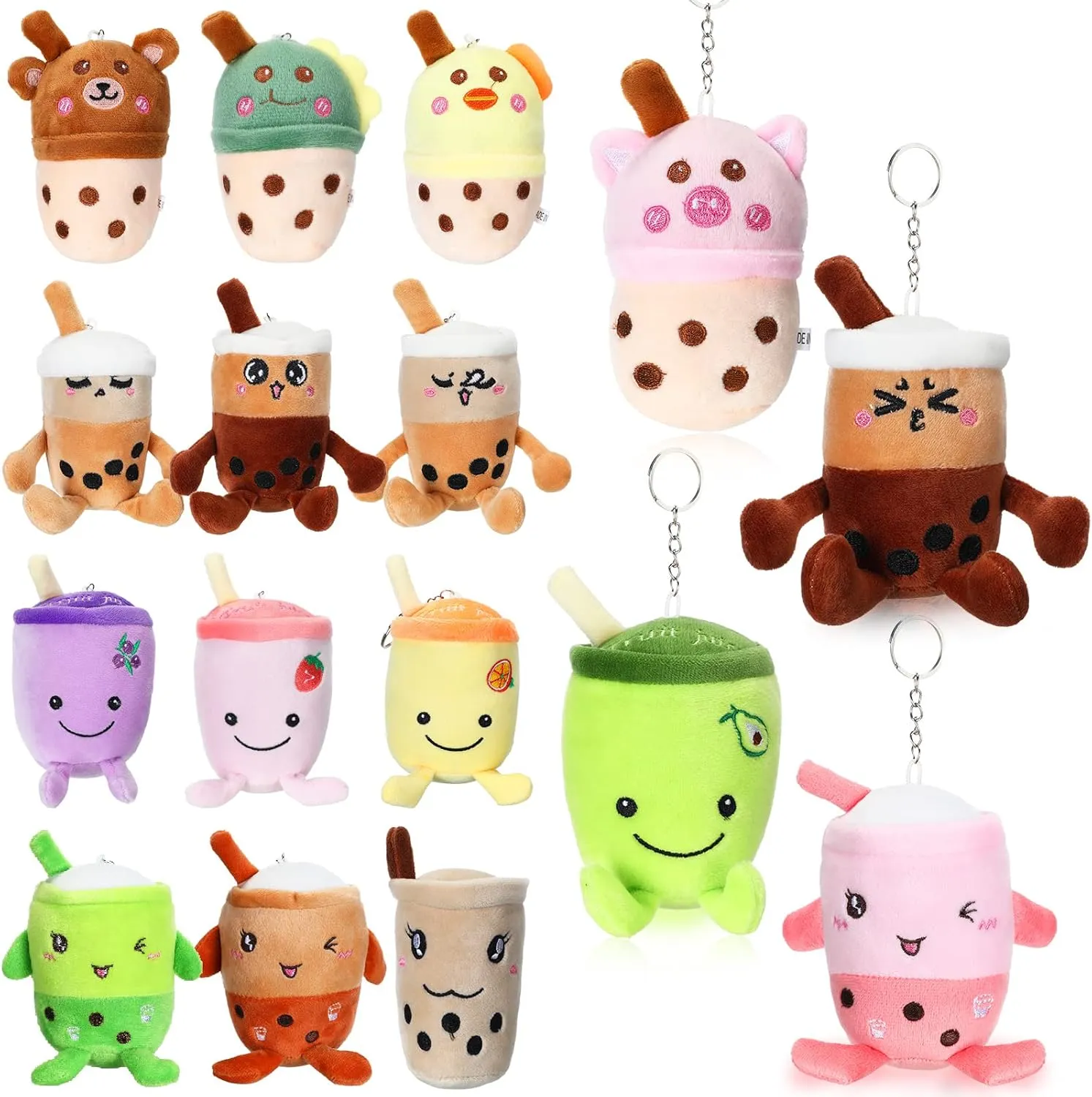 Jerify 16 Pcs Bubble Tea Keychain Plush Stuffed Animal Bubble Milk Tea Plush Toy for Birthday Party Lover