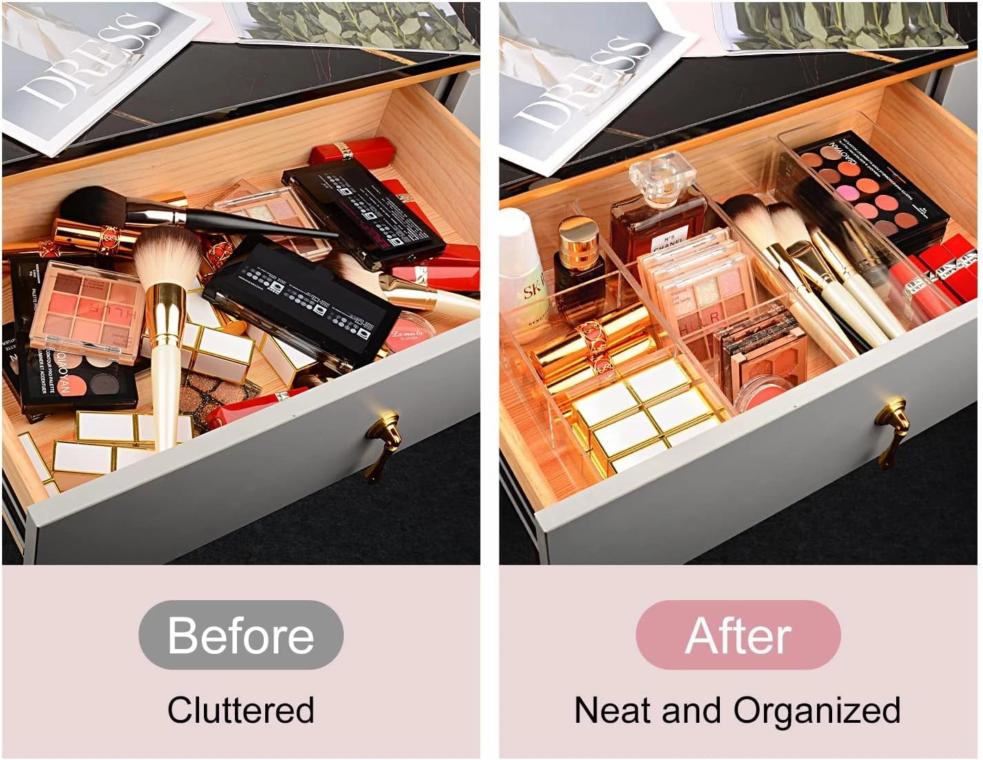 JessLab Acrylic Organizer, 2PK Cube Sections Makeup Organizer for Drawer, Makeup Organizer for Vanity, Countertop, Bathroom, Kitchen and Cabinet Storage(1 3 Compartment)