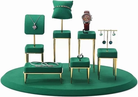 Jewelry Display Stand 7pcs/ Pack Necklace Display Stands Jewelry Display Stands, Necklace Watch Display Earring Ring Bracelet Display Holder Set for Show, Green Velvet Jewelry Holder