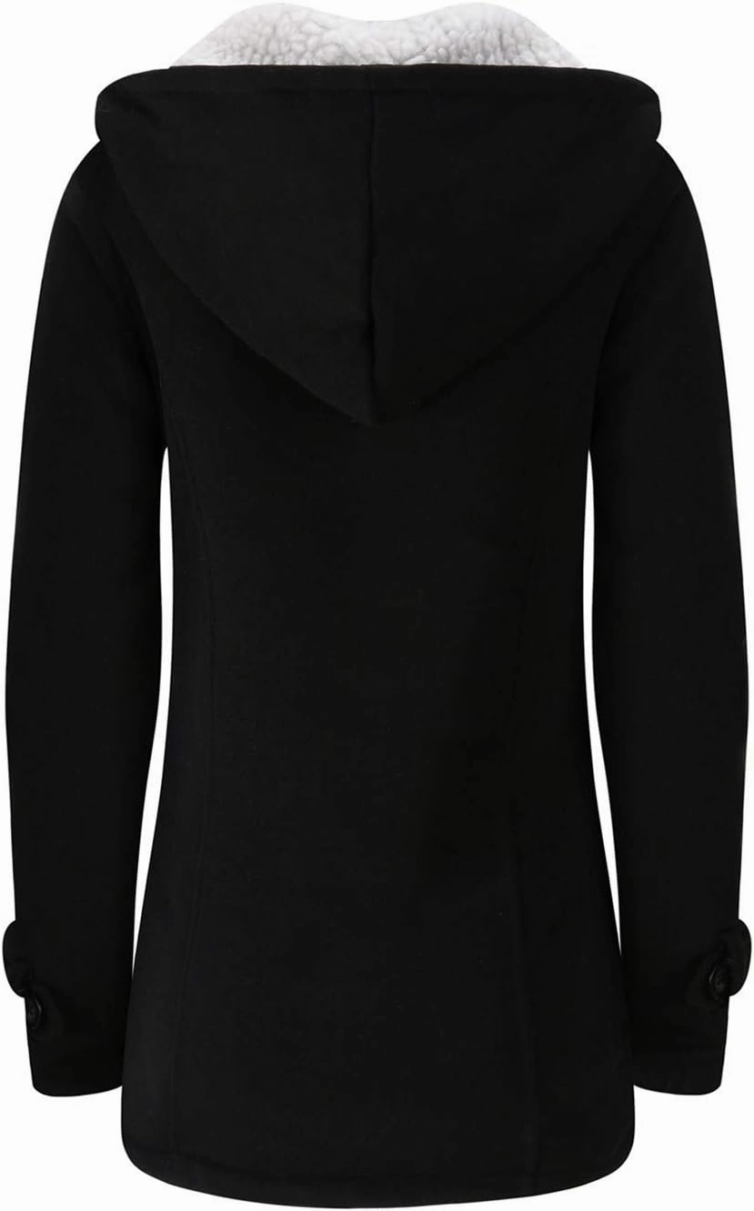 JiangWu Womens Fashion Horn Button Fleece Thicken Coat with Hood Winter Warm Jacket