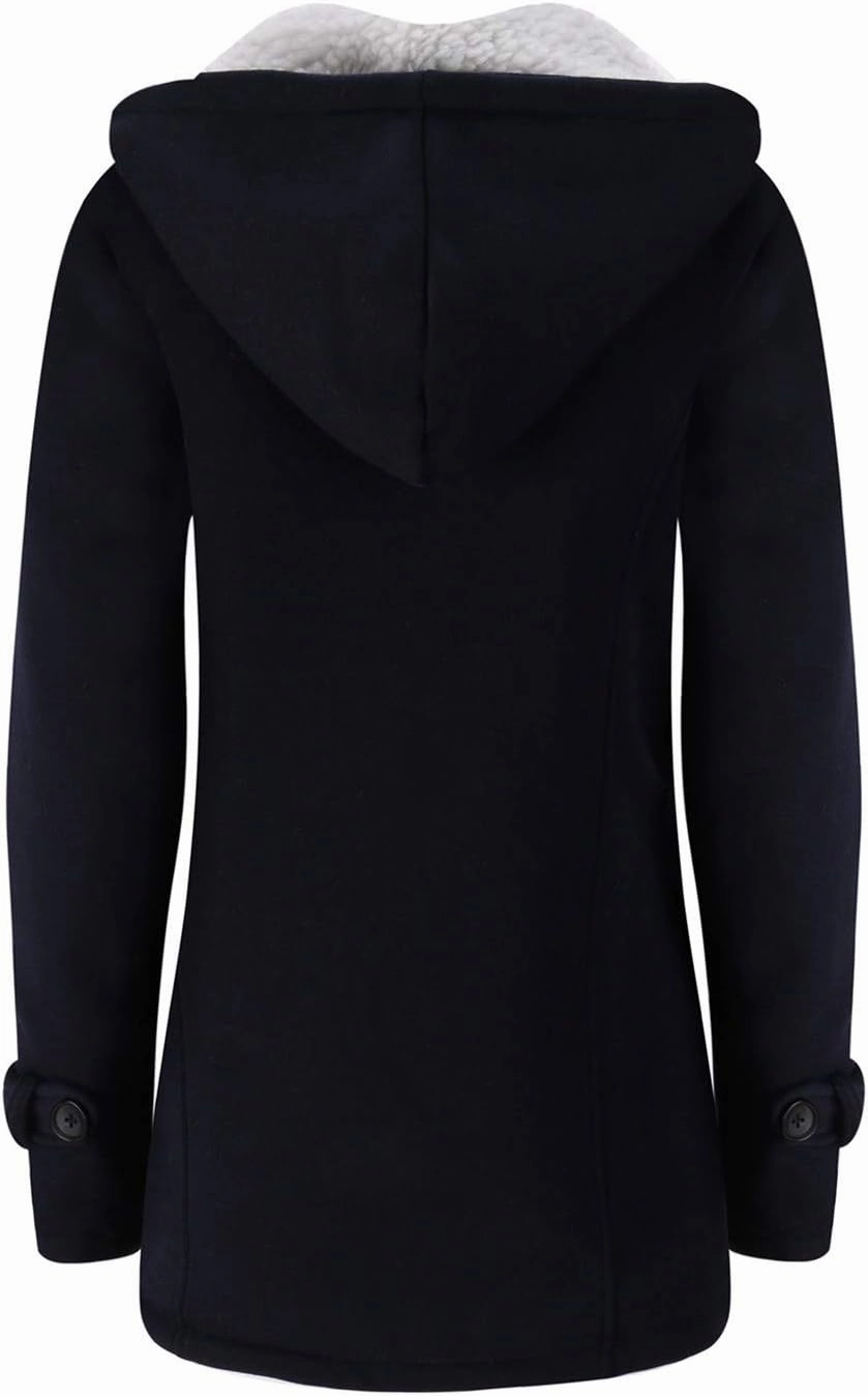 JiangWu Womens Fashion Horn Button Fleece Thicken Coat with Hood Winter Warm Jacket