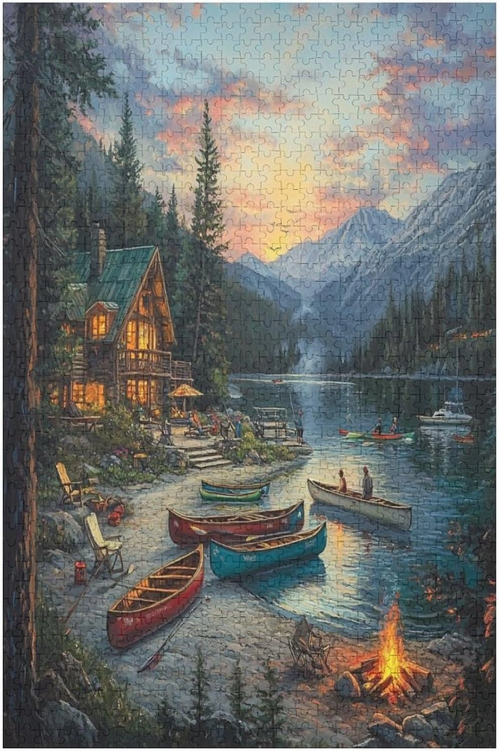 Jigsaw Puzzles Beautiful Lakehouse in The Mountains with Colorful Canoes 1000 Piece Puzzle Row Boats Forest Nature Adult Puzzles Game Puzzles Gifts for Family Friends