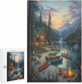 Jigsaw Puzzles Beautiful Lakehouse in The Mountains with Colorful Canoes 1000 Piece Puzzle Row Boats Forest Nature Adult Puzzles Game Puzzles Gifts for Family Friends