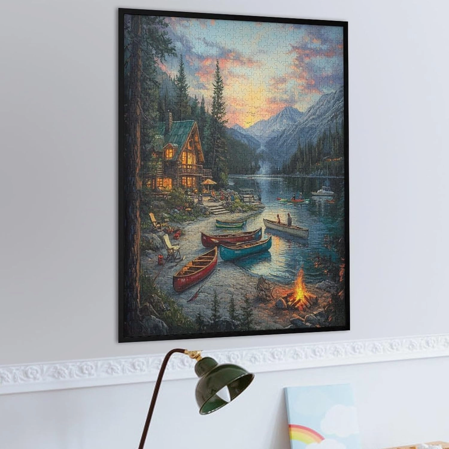 Jigsaw Puzzles Beautiful Lakehouse in The Mountains with Colorful Canoes 1000 Piece Puzzle Row Boats Forest Nature Adult Puzzles Game Puzzles Gifts for Family Friends