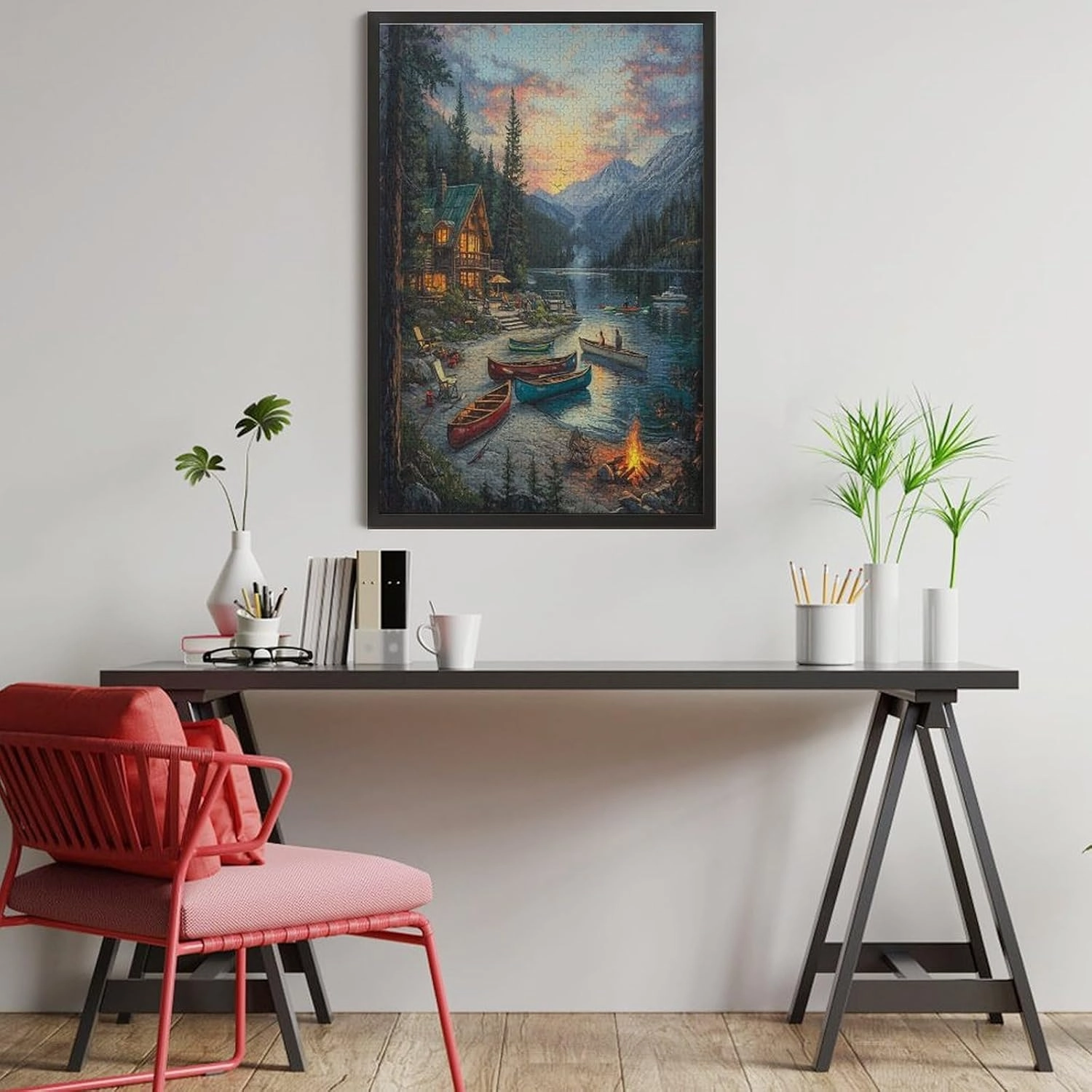 Jigsaw Puzzles Beautiful Lakehouse in The Mountains with Colorful Canoes 1000 Piece Puzzle Row Boats Forest Nature Adult Puzzles Game Puzzles Gifts for Family Friends