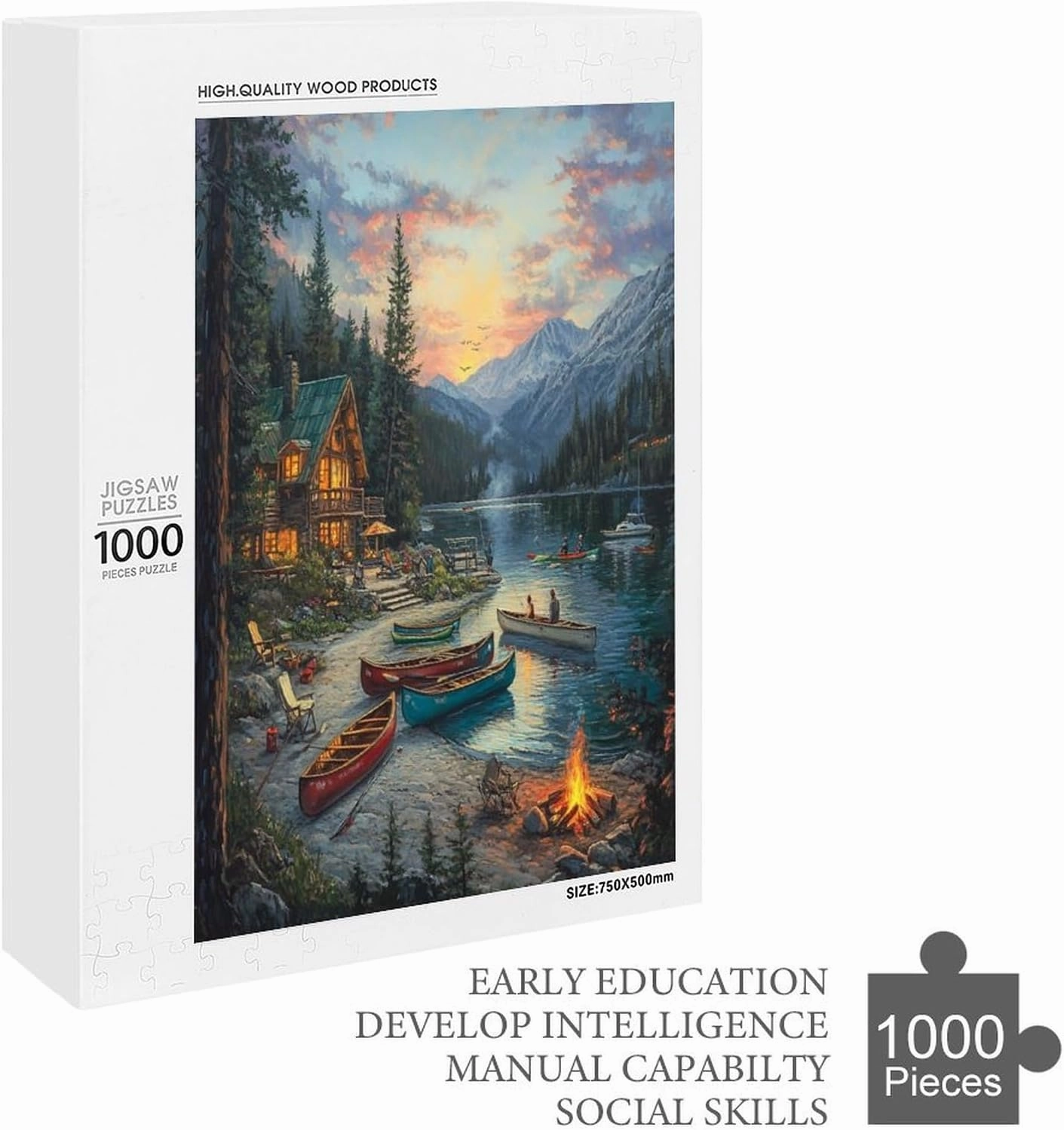 Jigsaw Puzzles Beautiful Lakehouse in The Mountains with Colorful Canoes 1000 Piece Puzzle Row Boats Forest Nature Adult Puzzles Game Puzzles Gifts for Family Friends