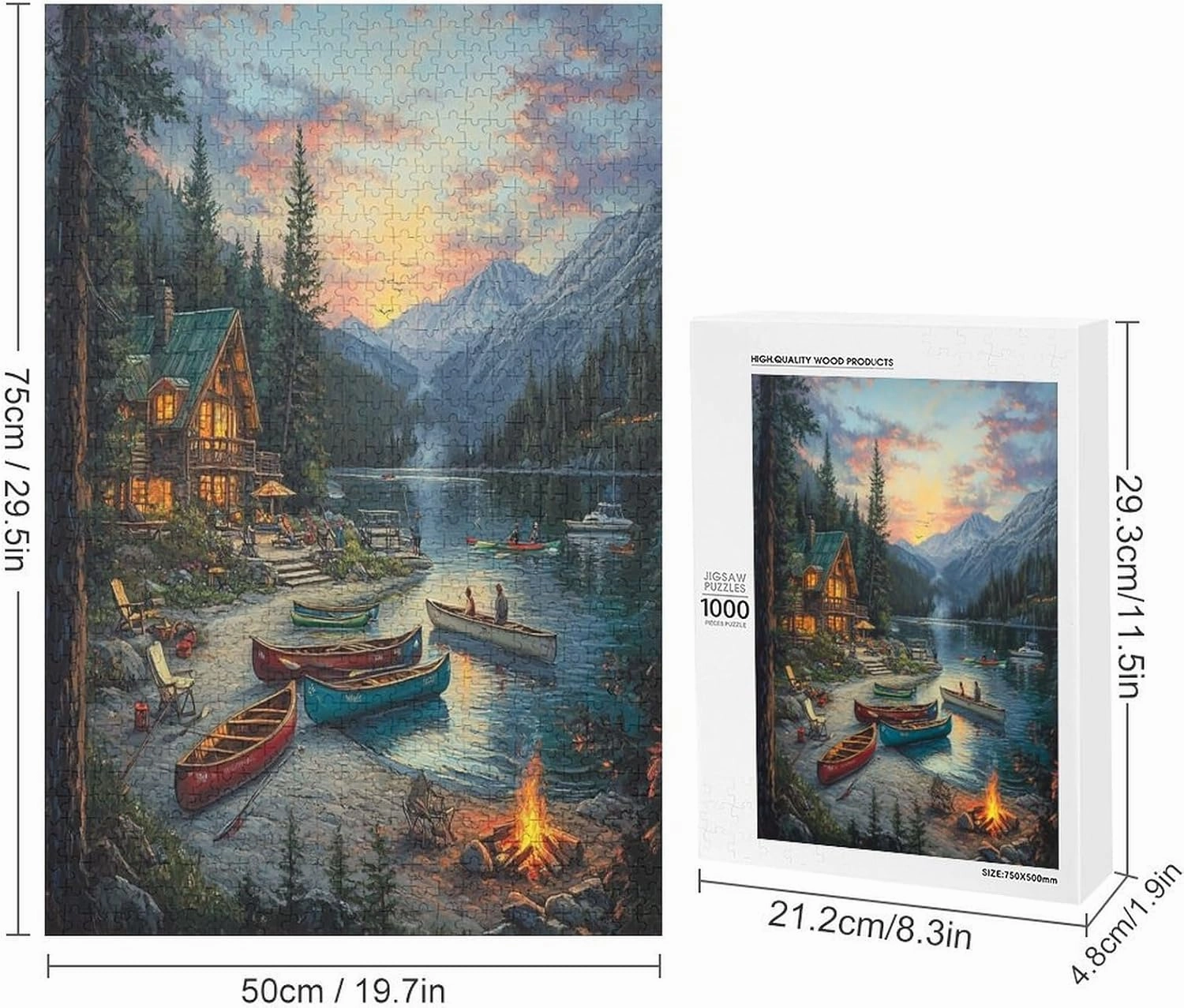 Jigsaw Puzzles Beautiful Lakehouse in The Mountains with Colorful Canoes 1000 Piece Puzzle Row Boats Forest Nature Adult Puzzles Game Puzzles Gifts for Family Friends