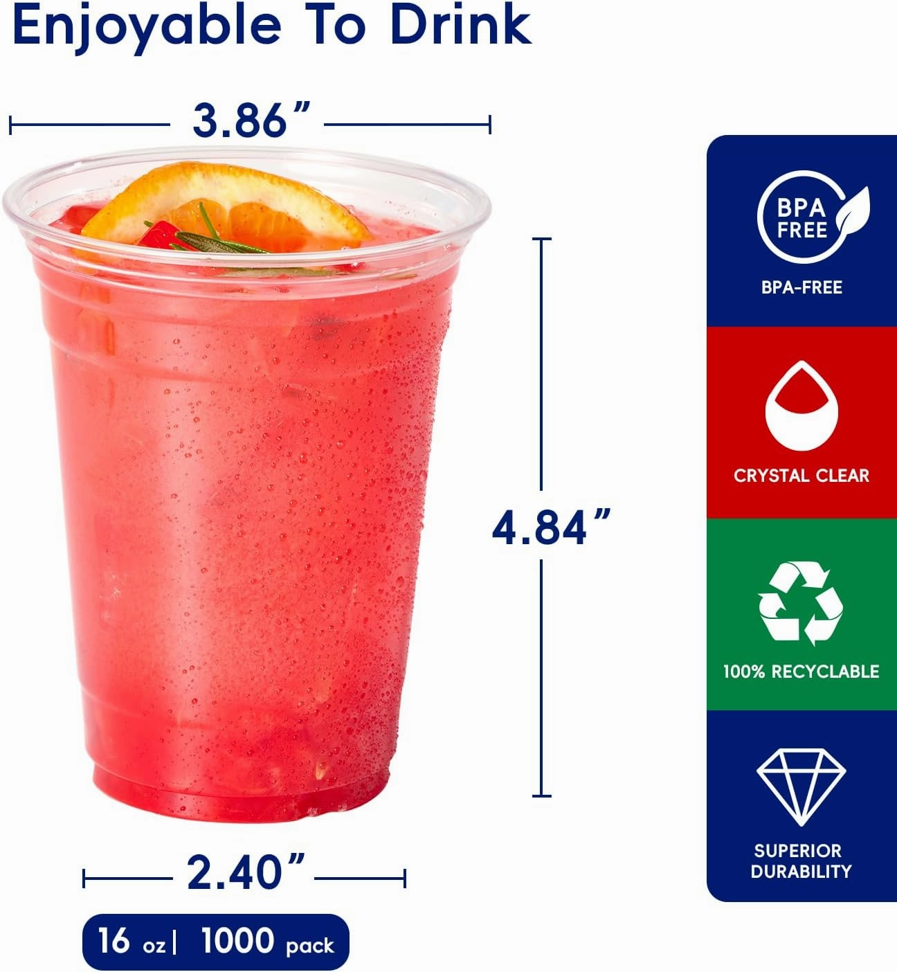 JOLLY CHEF 16 oz Clear Plastic Cups, 1000 Pack Disposable Plastic Cups, Party Drinking Cups Perfect for Water, Cold Coffee, Beer, Shakes, Smoothies, Juices, Beer, Iced Tea
