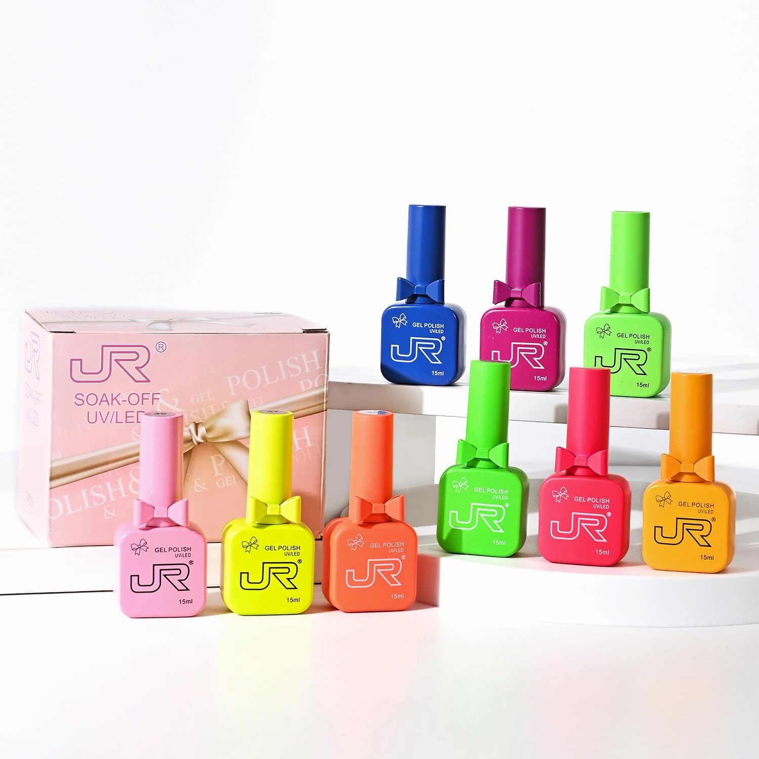 JR Nail Gel Polish Set 9pcs 15ml Bright Color Red Pink Blue Bowknot-Shaped Bottles Gel Polish Kit UV LED Soak Off Polish Home DIY Gift F