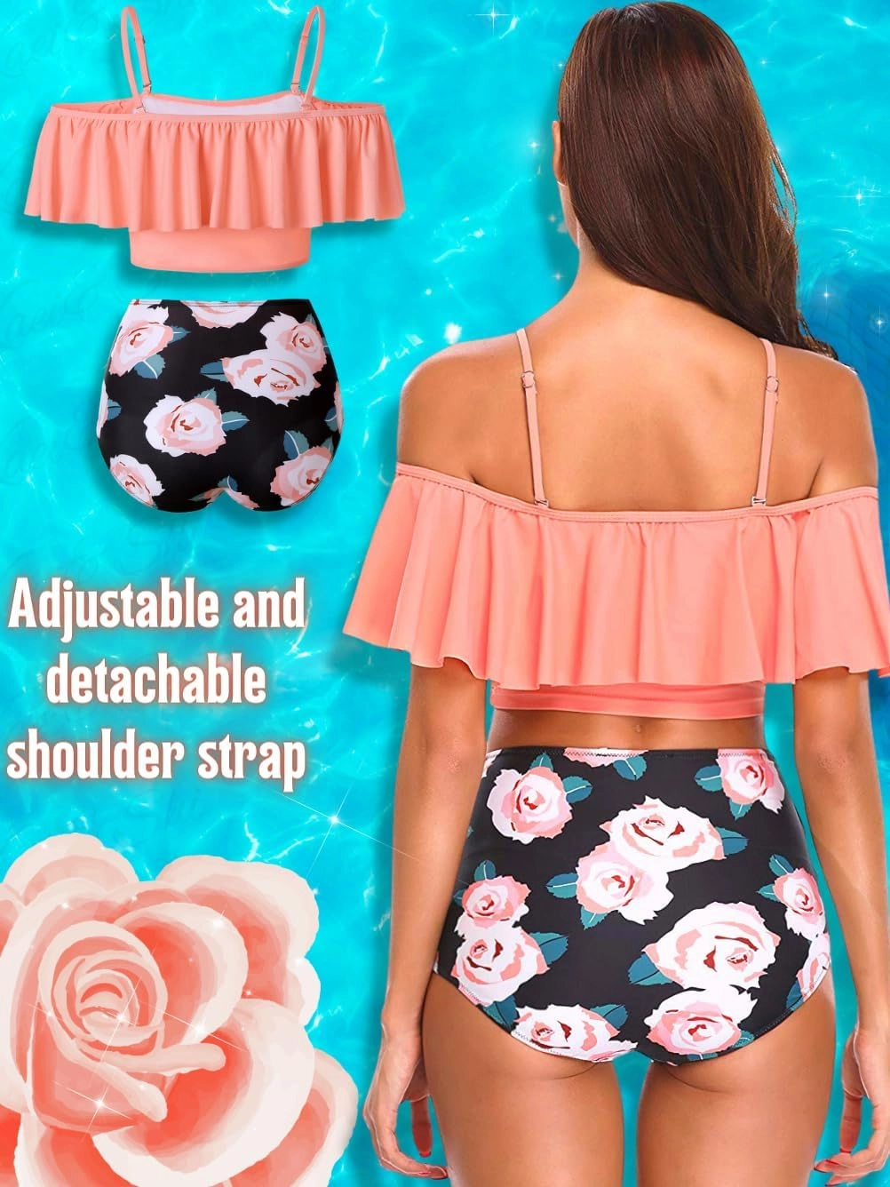 Kaei&Shi High Waisted Flounce Bikini Set,Tummy Control Swimsuits for Women,Off Shoulder