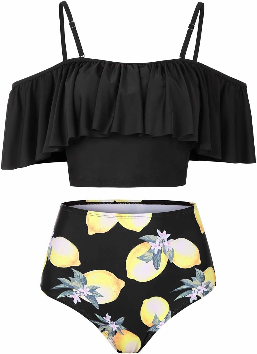 Kaei&Shi High Waisted Flounce Bikini Set,Tummy Control Swimsuits for Women,Off Shoulder