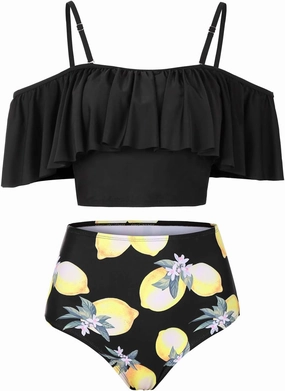 Kaei&Shi High Waisted Flounce Bikini Set,Tummy Control Swimsuits for Women,Off Shoulder