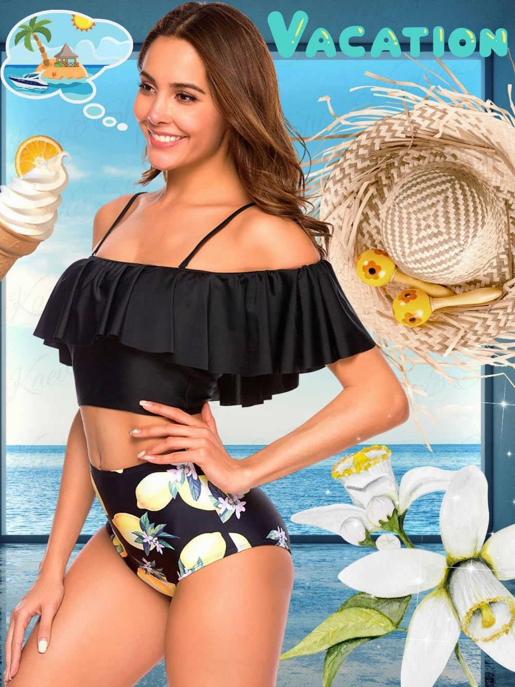 Kaei&Shi High Waisted Flounce Bikini Set,Tummy Control Swimsuits for Women,Off Shoulder