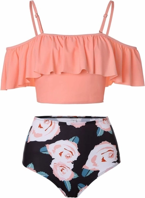 Kaei&Shi High Waisted Flounce Bikini Set,Tummy Control Swimsuits for Women,Off Shoulder